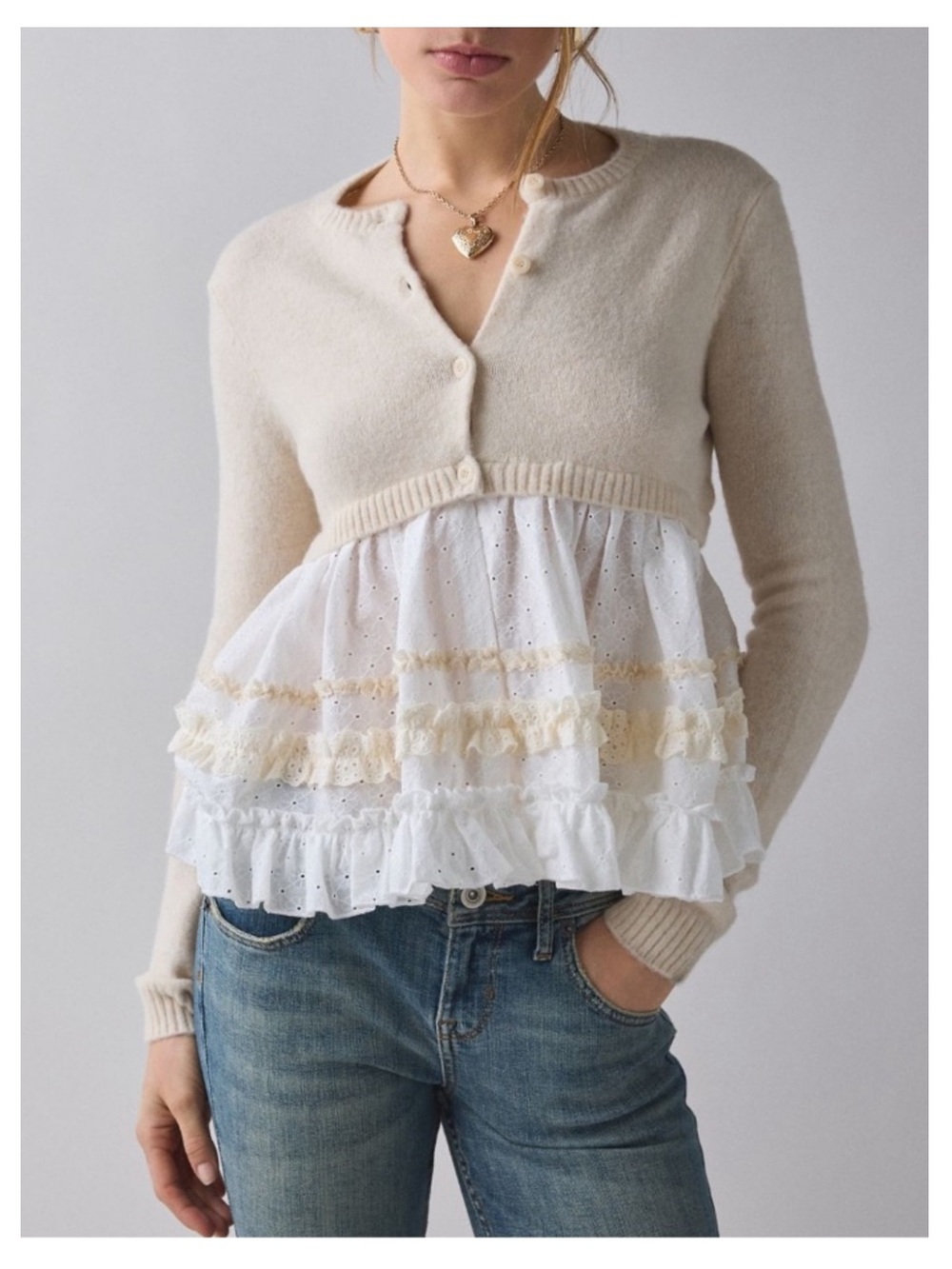 🟤NWT KIMCHI BLUE Monical Mixed Media Ruffle Peplum Cardigan in Antique White XS - Picture 2 of 5